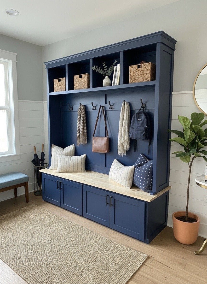 The Cleveland Halltree in Navy, styled in a mudroom