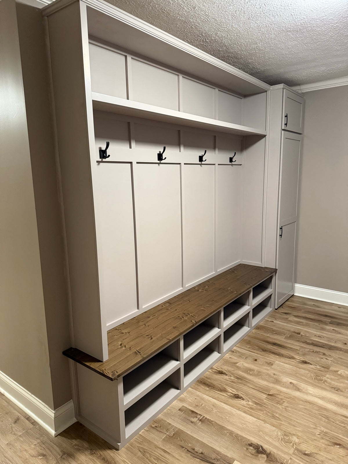 Soft greige halltree with a cubby bench and side locker